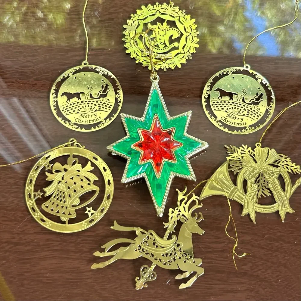 Lot of 7 Vintage Brass-Tone Cutout Christmas Ornaments